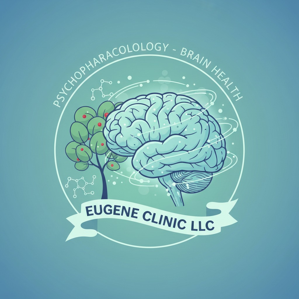 A circular blue logo for Eugene Clinic LLC features a human brain next to a tree with red-dotted leaves, surrounded by orbiting lines and the text "Psychopharmacology - Brain Health."